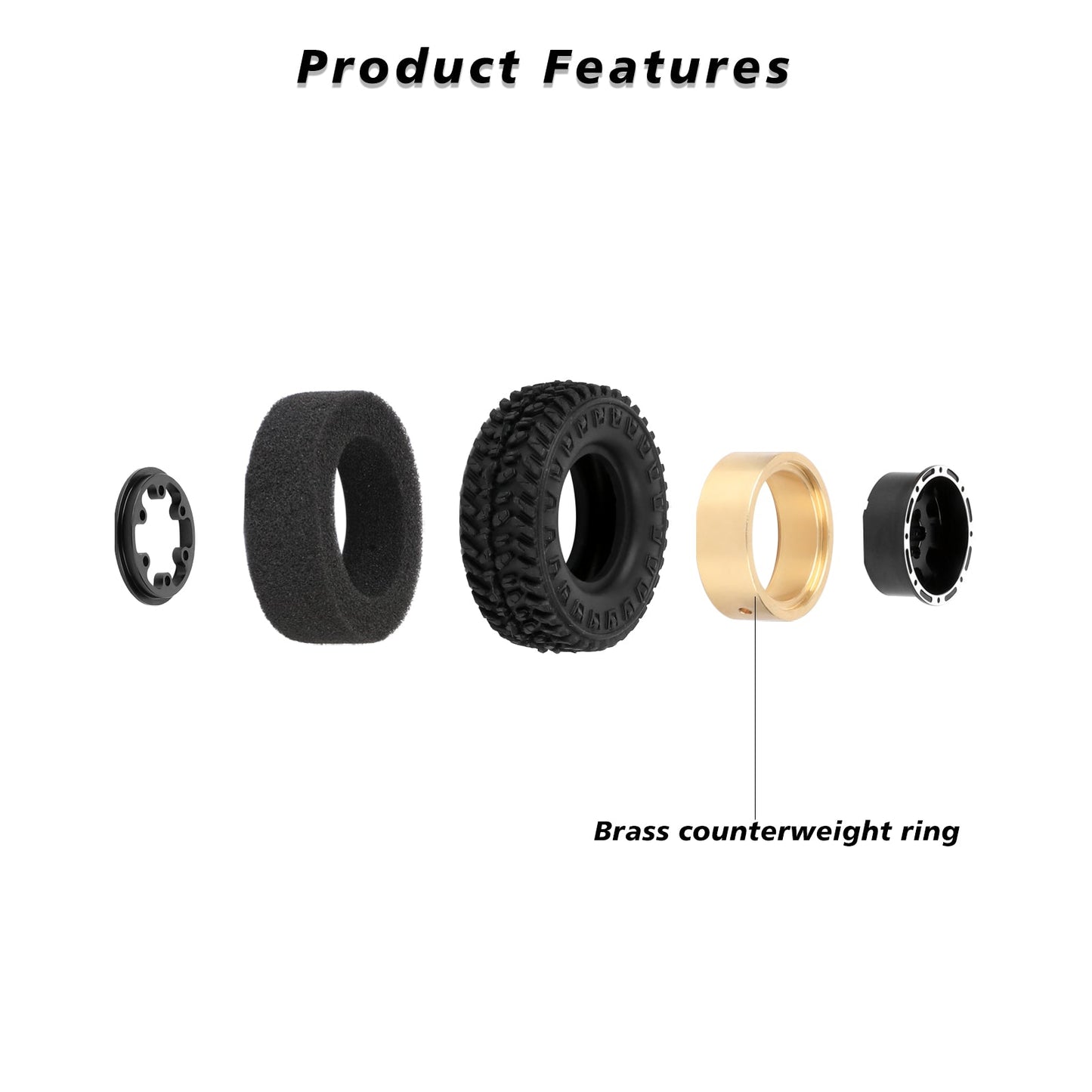 FEDCO FCX24 Wheels and Tires 1.0 Beadlock Wheels 50MM Soft Sticky Tires with Brass Counterweight Ring for FMS FCX24M FCX24 Upgrades 1/24 RC Crawler