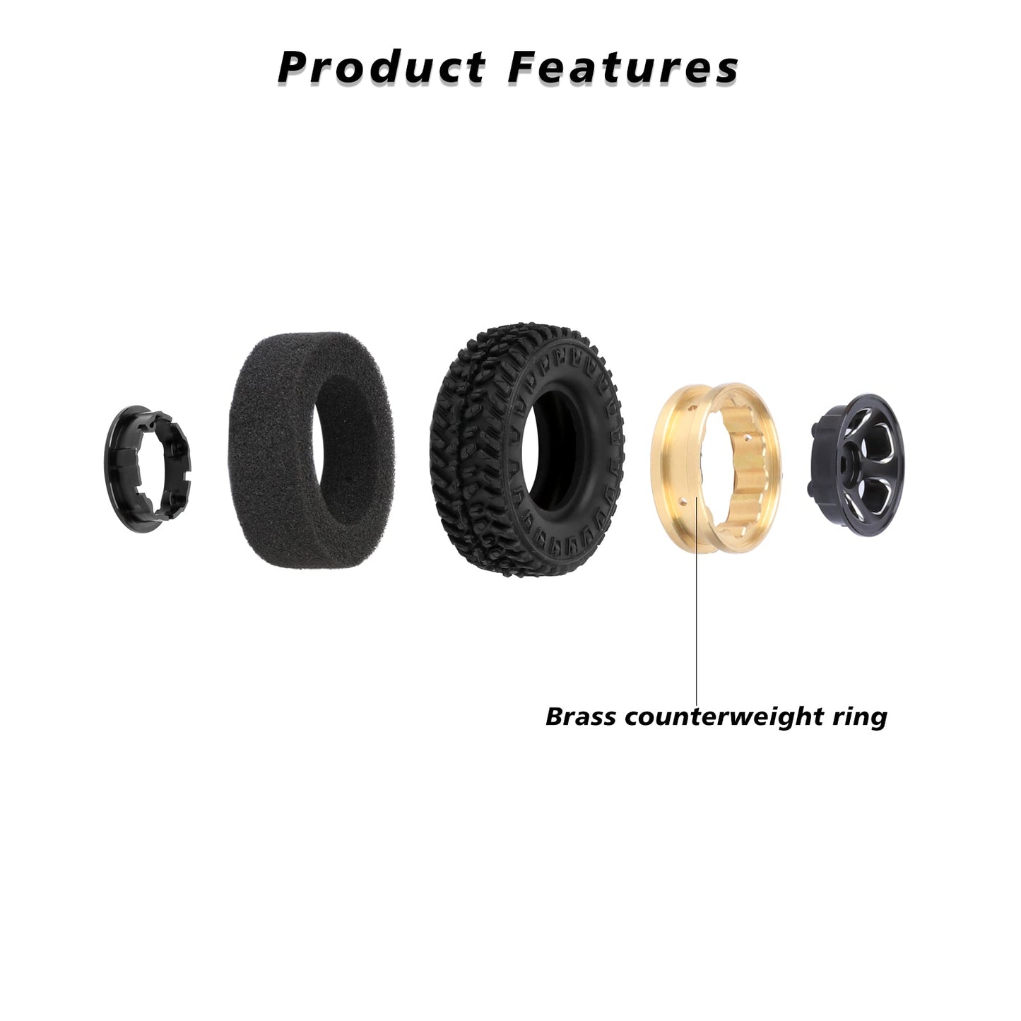 FEDCO FCX24 Wheels and Tires 1.0 Beadlock Wheels 50MM Soft Sticky Tires with Brass Counterweight Ring for FMS FCX24M FCX24 Upgrades 1/24 RC Crawler