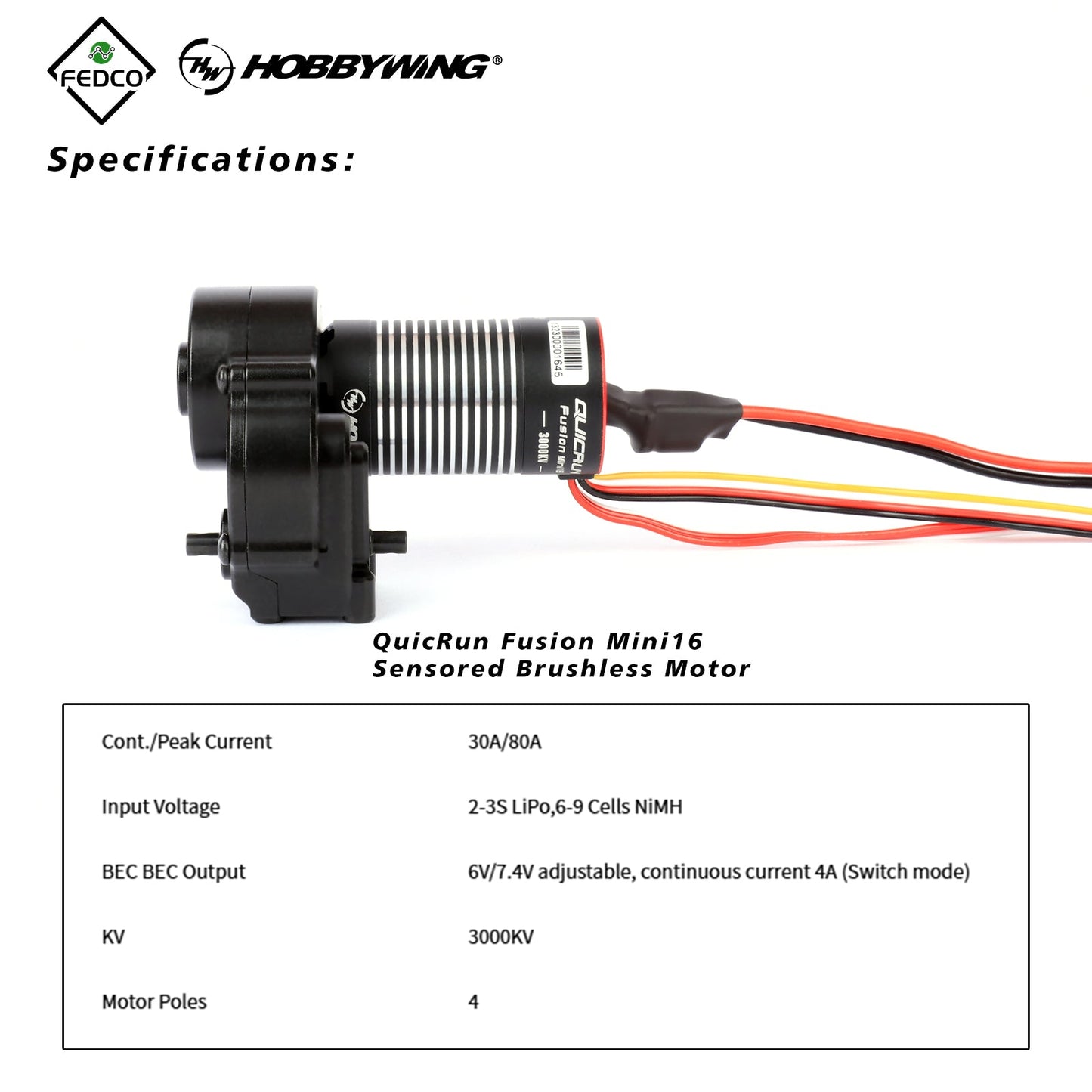 FEDCO UTB18 Motor Transmission with Hobbywing QUICRUN Fusion Mini16 3000KV Brushless Motor ESC Combo 2in1 FOC System for Axial UTB18 Capra 4WD & 4WS Upgrades 1/18 RC Crawler