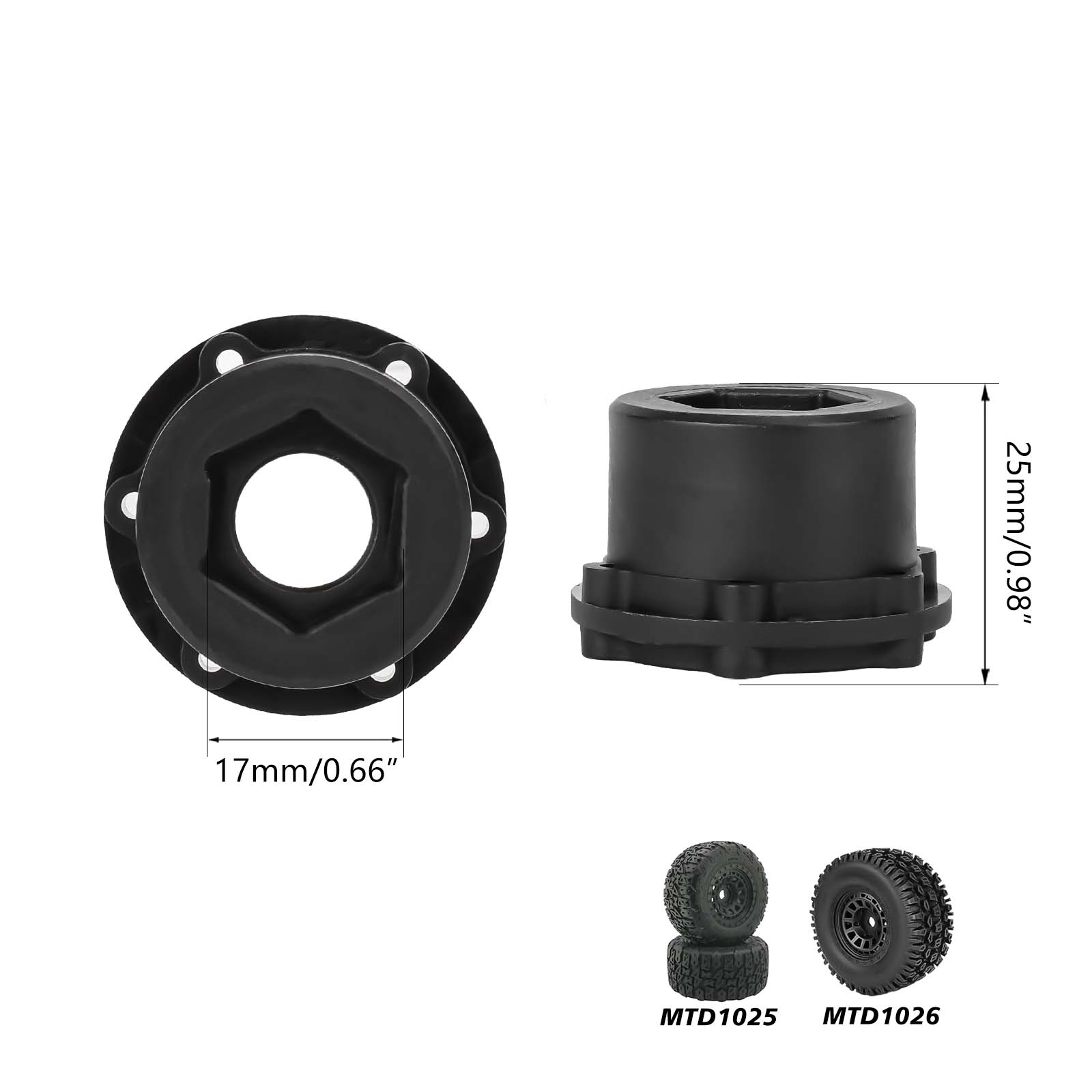 Method RC Wheel Hexes Stock plastic hex adaptor of 1/8 Monster Truck tire, 17mm hex and 24.8mm Thickness (4pcs)